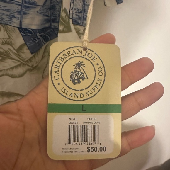 Caribbean Joe Olive and Blue Tropical Print Shirt - Picture 5 of 5